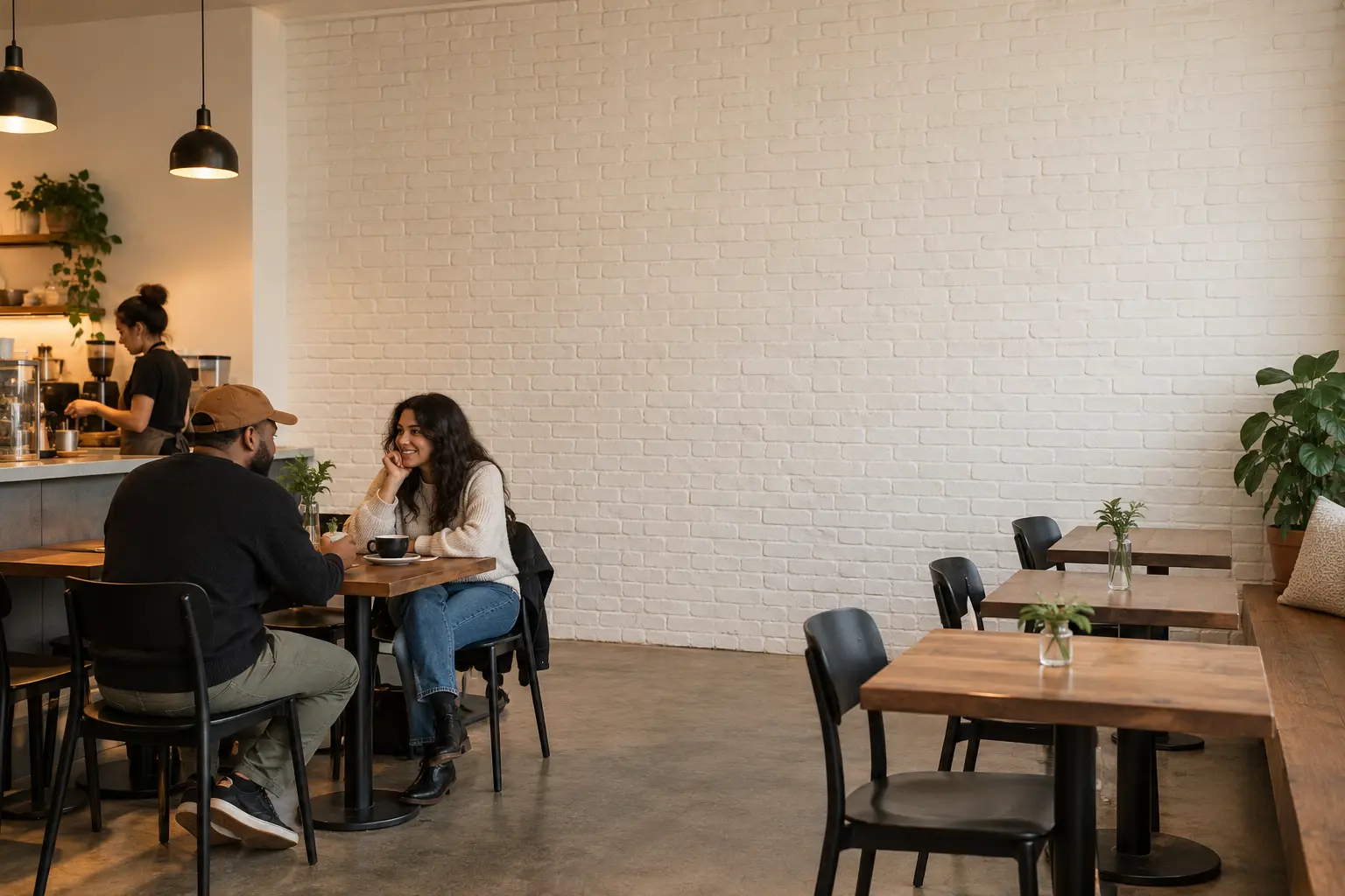The same restaurant dining room with a blank painted brick wall.