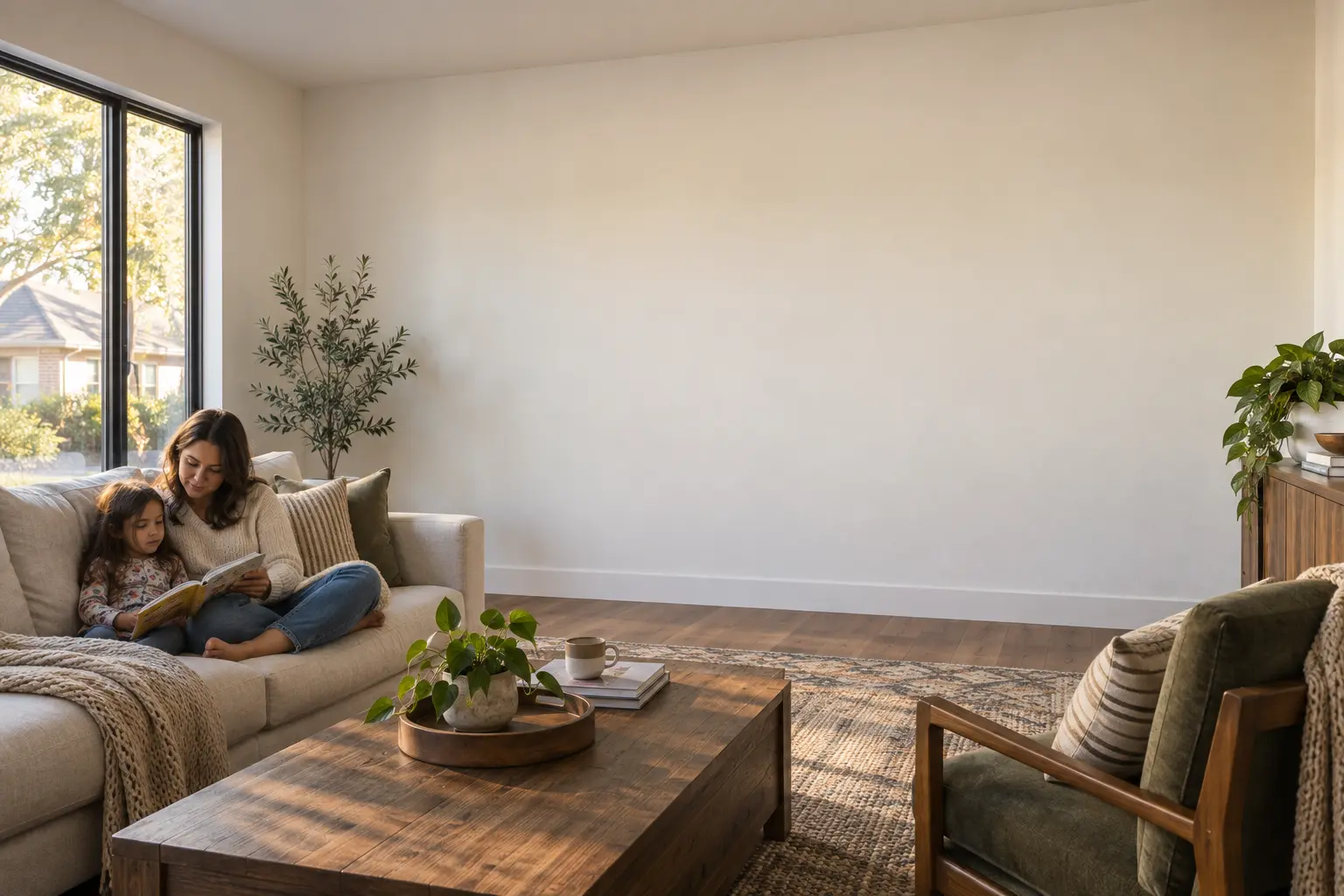 A family living room with a blank wall behind the sofa, ready to photograph for a project start.