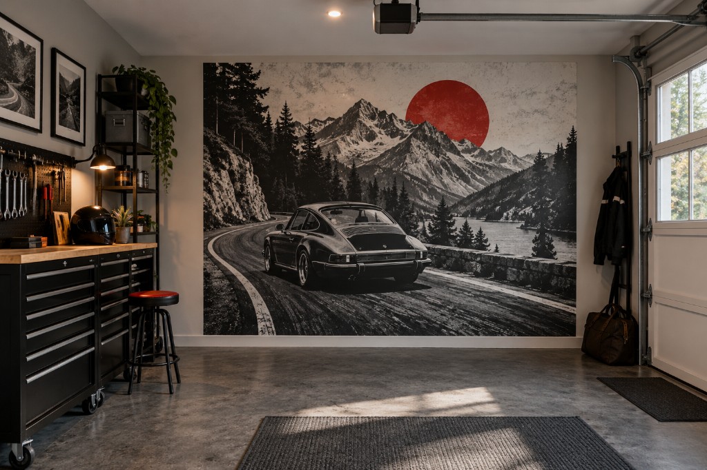 Large graphic mural in a garage or automotive workspace.