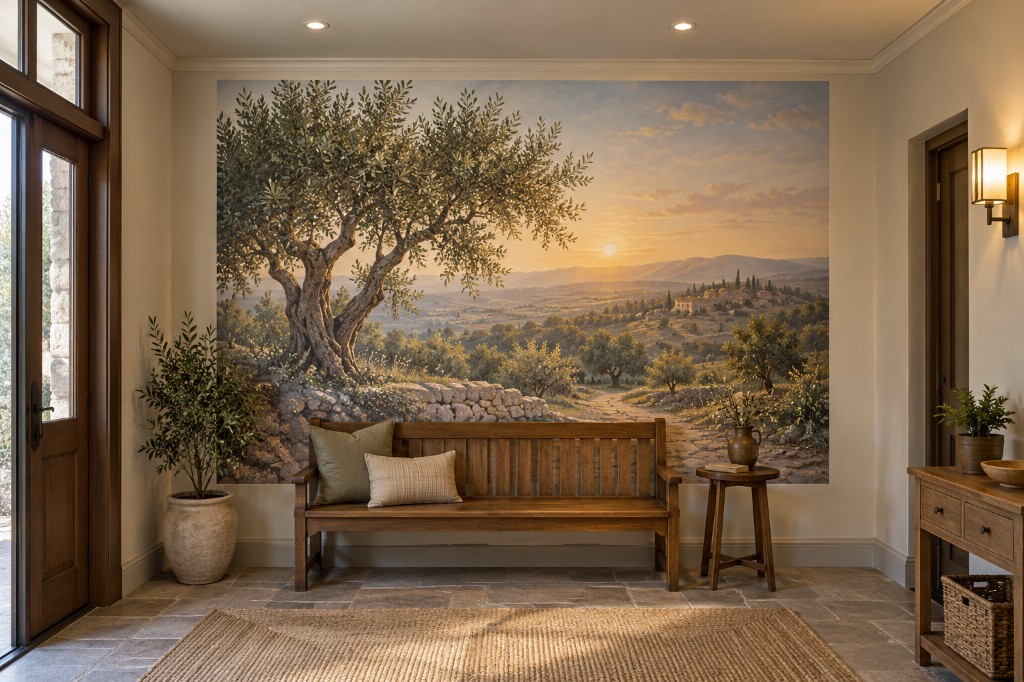 Olive tree mural in a gathering space with warm natural light.