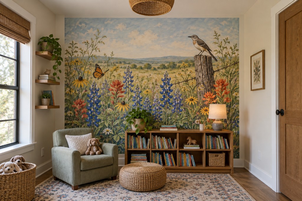 Colorful mural in a school reading nook.