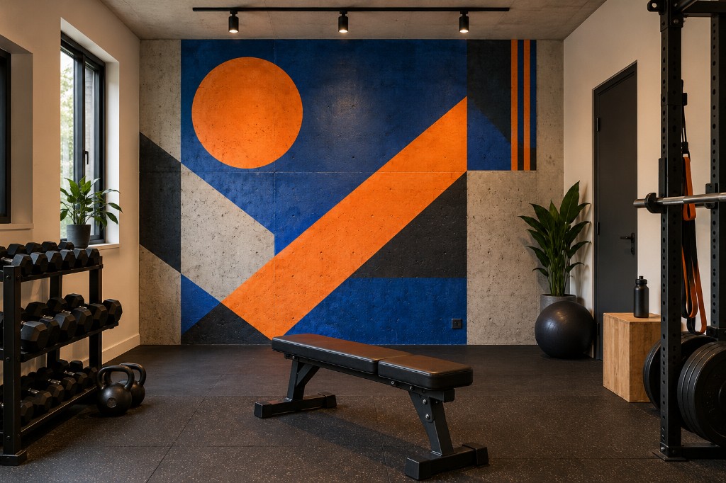 Geometric mural on a concrete wall in a training space.