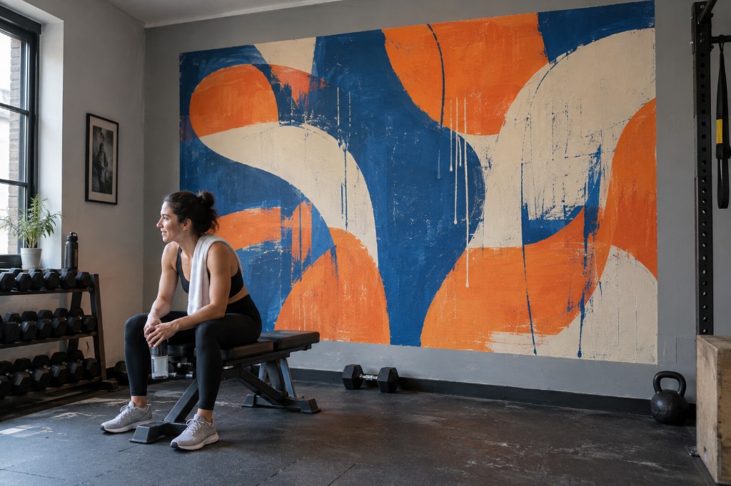 Person resting on a weight bench in front of an energetic gym mural.