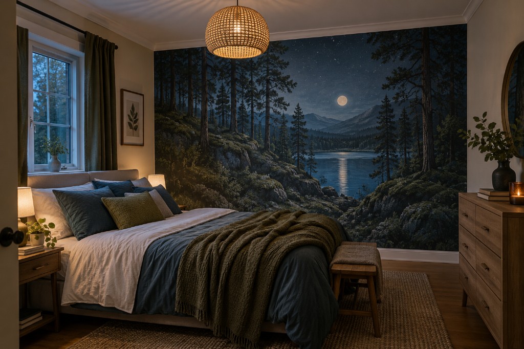 Forest mural wrapping a residential bedroom.