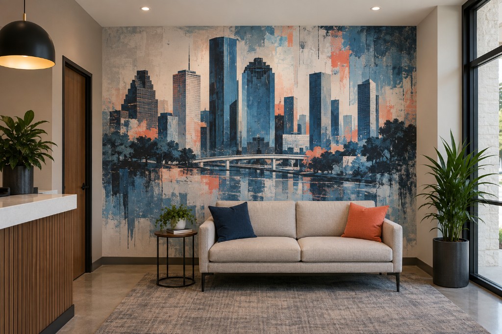 Navy and coral skyline mural behind a sofa in a workplace lounge.