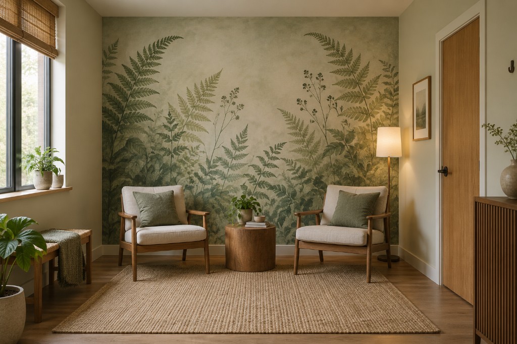 Soft botanical mural in a calm wellness interior.