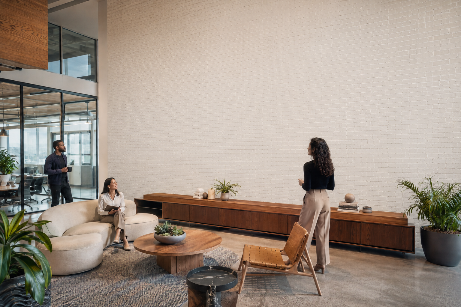 Blank brick wall in an office lounge, with the seating and room still visible.