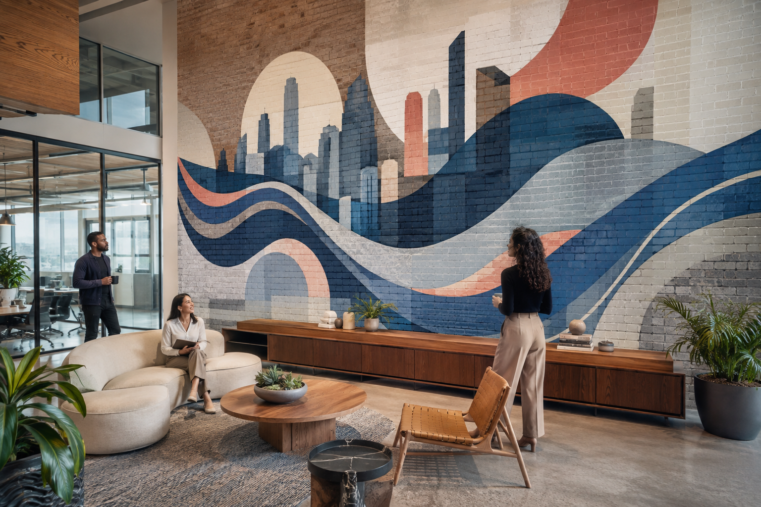 Large cityscape mural on a brick wall in a modern office lounge.