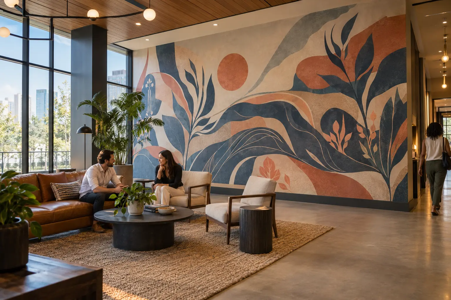 Contemporary hospitality lounge with a large abstract botanical wall mural.