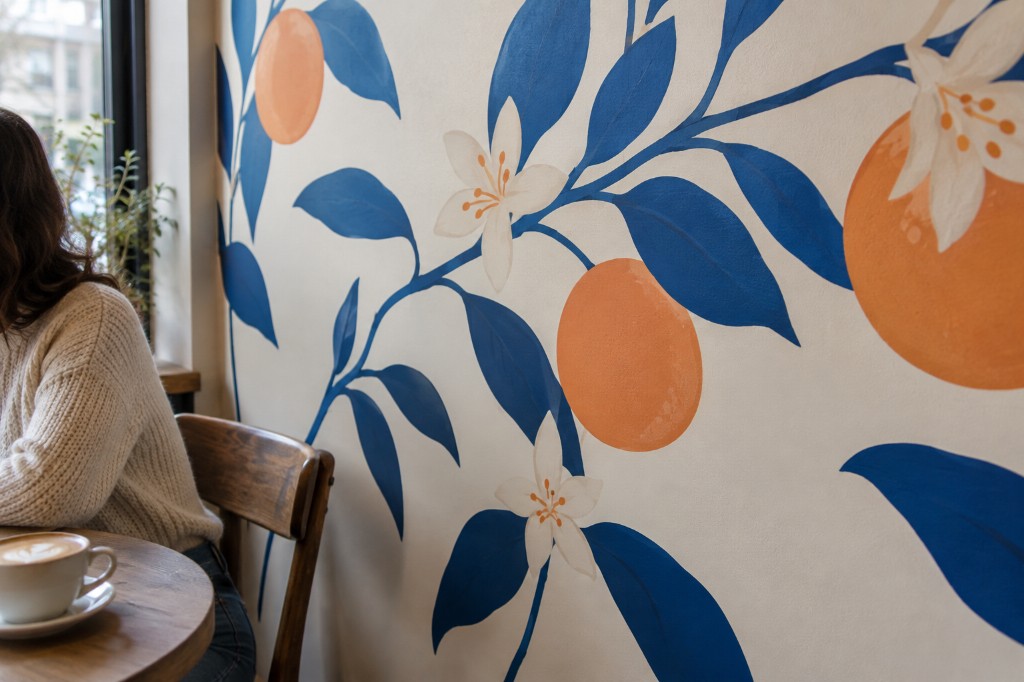 Citrus and blossom mural on a painted drywall wall beside a cafe table.