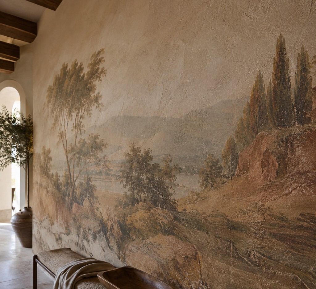 Painterly landscape mural on a heavily textured plaster wall.