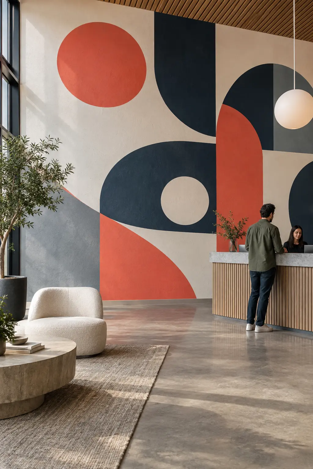 Large-scale brand graphics printed across an interior wall.